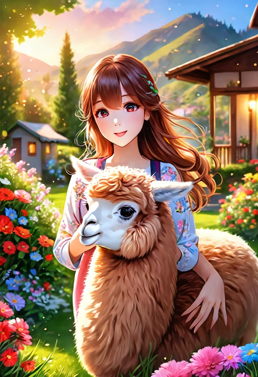 1girl, An Alpaca, aesthetic, a girl playing with an adorable alpaca,soft and fluffy fur,beautiful detailed eyes,peaceful garden,dainty flowers,cheerful atmosphere,colorful sunlight,best quality,ultra-detailed,photorealistic,playful poses,cute and amusing actions,joyful expressions,harmonious relationship,lovely companionship,exquisite details of alpaca's face and body, vibrant colors and textures,artistic rendering,bokeh lighting style,picturesque scenery, cozy and warm ambiance,blissful moments.