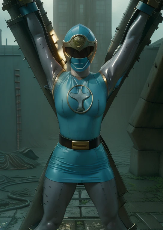 (best quality, masterpiece, RAW photo,ultra-detailed:1.2), 1girl, solo, looking at viewer, ((Hurricane Blue outfit, belt, gloves, helmet, blue spandex vest, sunglasses, blue boots, blue skirt, gray leggings, white gloves)), large breasts, (((spread legs:1.1))), ((tentacles:1)), nsfw, choking, raised arms, tentacles wrap around body, dark room, eerie light, industrial background, full body render, show full body, creampie, wet