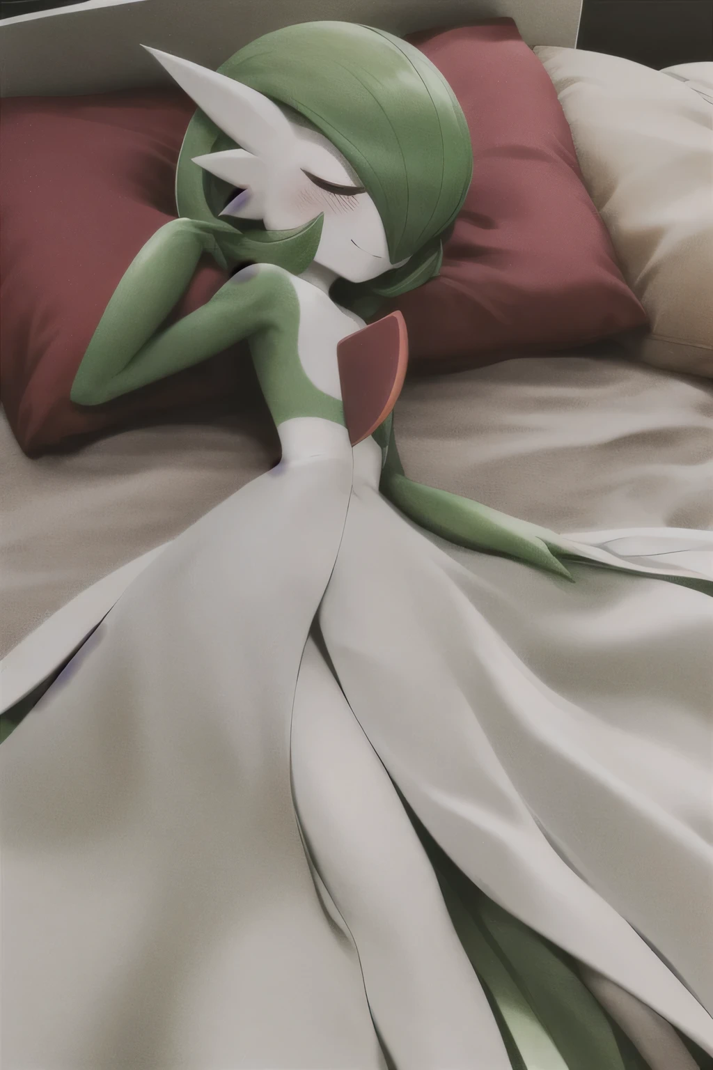 Gradevoir is sleeping in the beds blushing and they close their eyes, smiles, mouths, closed, Masterpiece, best_quality, 1 girl, alone, gardevoir, white dress, creatures \(company\), freak game, Nintendo, pokemon, pokemon \(game \), punches, colored skin, female focus, flat chest, Pokémon generation 3, green hair, green skin, hair over one eye, multicolored skin, pokemon \(creature\), red eyes, short hair, two skin tones, white skin, BEDS,