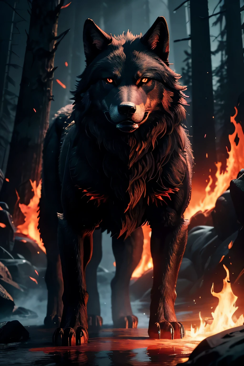 A glowing red and pitch black alexander archipelago wolf made of fire with big fur mad of molten lava, with glowing red eyes, scene in rocky mountain, in full body, smoke around the wolf body, in the style of digital art, with ultra detailed illustrations, in the style of daz3d, with hyperrealistic water, 8k resolution, high-quality