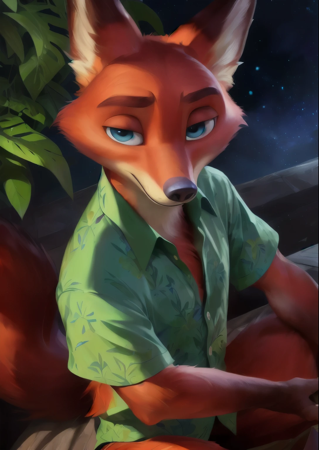 uploaded on e621, by Pixelsketcher, by Bayard Wu, by Thomas Benjamin Kennington , by Einshelm,
solo (((wildlife feral))) (((nick wilde))) with ((neck tuft)) and (fluffy tail) and ((clear navy blue eyes)), (( portrait)), BREAK, 
((wear green and blue hawaii floral shirt)), (detailed Chunie feral fox), (detailed Bonifasko lighting), (detailed fur), (detailed skin), BREAK, 
((sitting at community on full moon night)), (cinematic lighting), ((detailed background)), ((high-angle view)),
(((three-quarter view))), (half body shadow),
[backlighting], [crepuscular ray], [detailed ambient light], [gray natural lighting], [ambient light on the belly], (higher wildlife feral detail),
[realistic proportions], [explict content], [sharp focus], (questionable content), (shaded), ((masterpiece)), BREAK