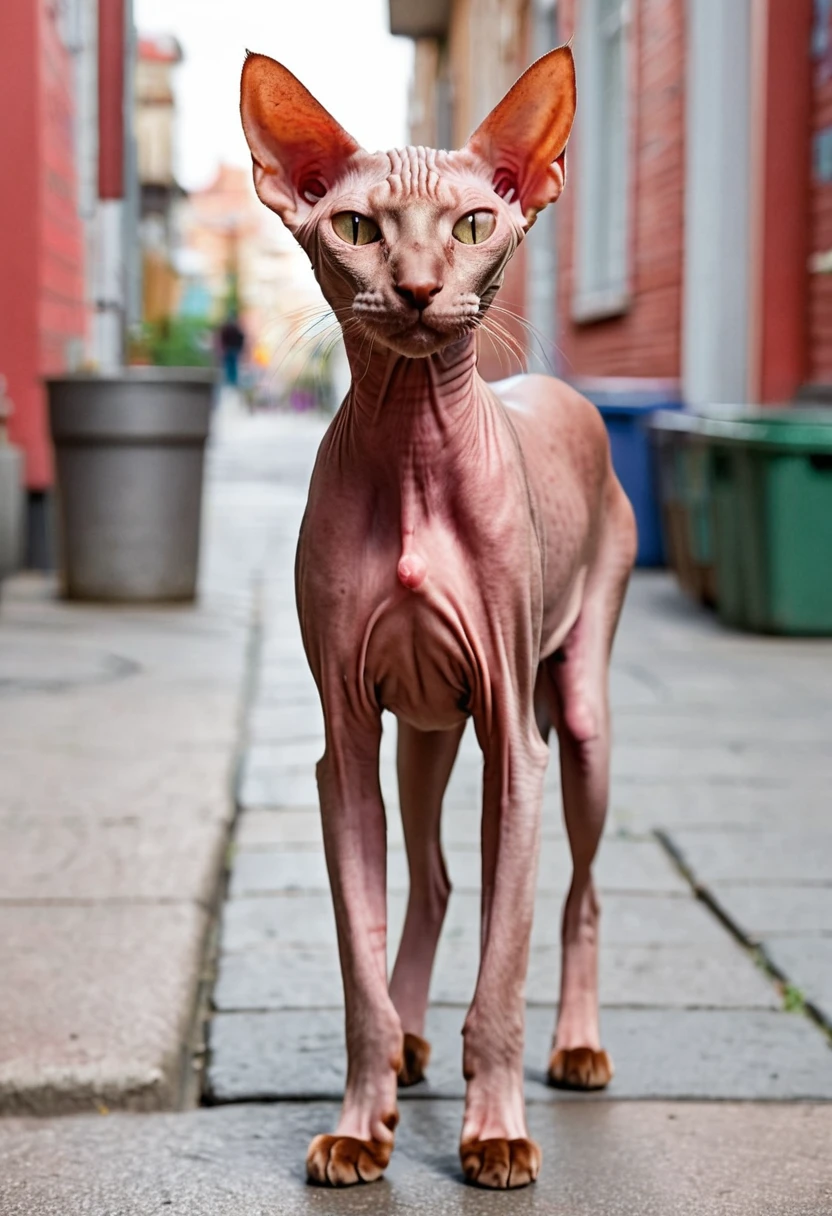 a skinny, hairless cat, with large pimples on her head like in puberty, which are huge, red, and shiny, walks through the city