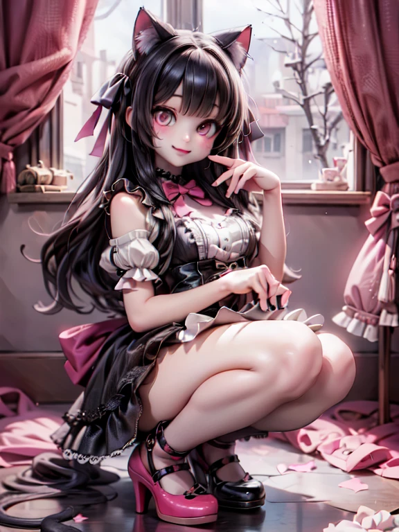 a cat girl smiling, Lolita art style, kawaii, pumps