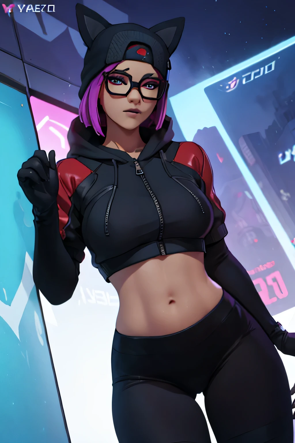 Gaming Zone Lynx, chaqueta azul con Negro, guantes sin dedos, Leggings Negros, ojos finos, gafas, Neon City
