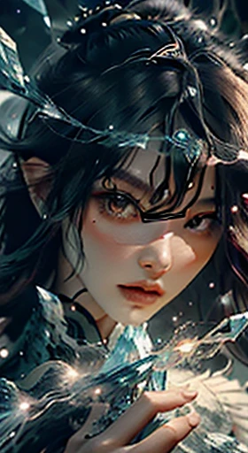 Highest image quality, outstanding details, ultra-high resolution, (realism: 1.4), the best illustration, favor details, highly condensed 1girl, with a delicate and beautiful face, dressed in a black and green Chinese hanfu, wearing qipao, wuxia character, the background is a glittering night city. (ridiculous, high resolution, super detailed), 1woman, female, wavy long hair, russet hair, coral eyes, bangs, long sleeves, delicate eyes and delicate face, extremely detailed CG unity 8k wallpaper, intricate details, (style-swirlmagic:1.0), looking at viewer, solo, upper body, detailed background, close up, detailed face, (gothic dark ages theme:1.1), crystal sorcerer, kung-fu, dynamic pose, earth themed clothes, crystal crown, floating in the air, glowing magic fragments, surrounded by blue magic crystals, rock formations, stalactites, magic floating particles, crystal glass, crystal balls, crystal canyon background, (shallow water: 0.7), epic ethereal atmosphere, updraft, portrait