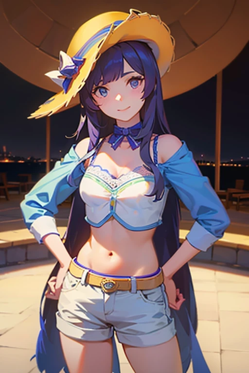 In underwear、Blue bra、Pink stripes々Panties、Panties in full view、In underwear、 1girl,   utsumiericeFA,long sleeves, bare shoulders, jewelry, puffy sleeves, necklace,, streaked hair,  blue ribbon, puffy long sleeves,magatama,
