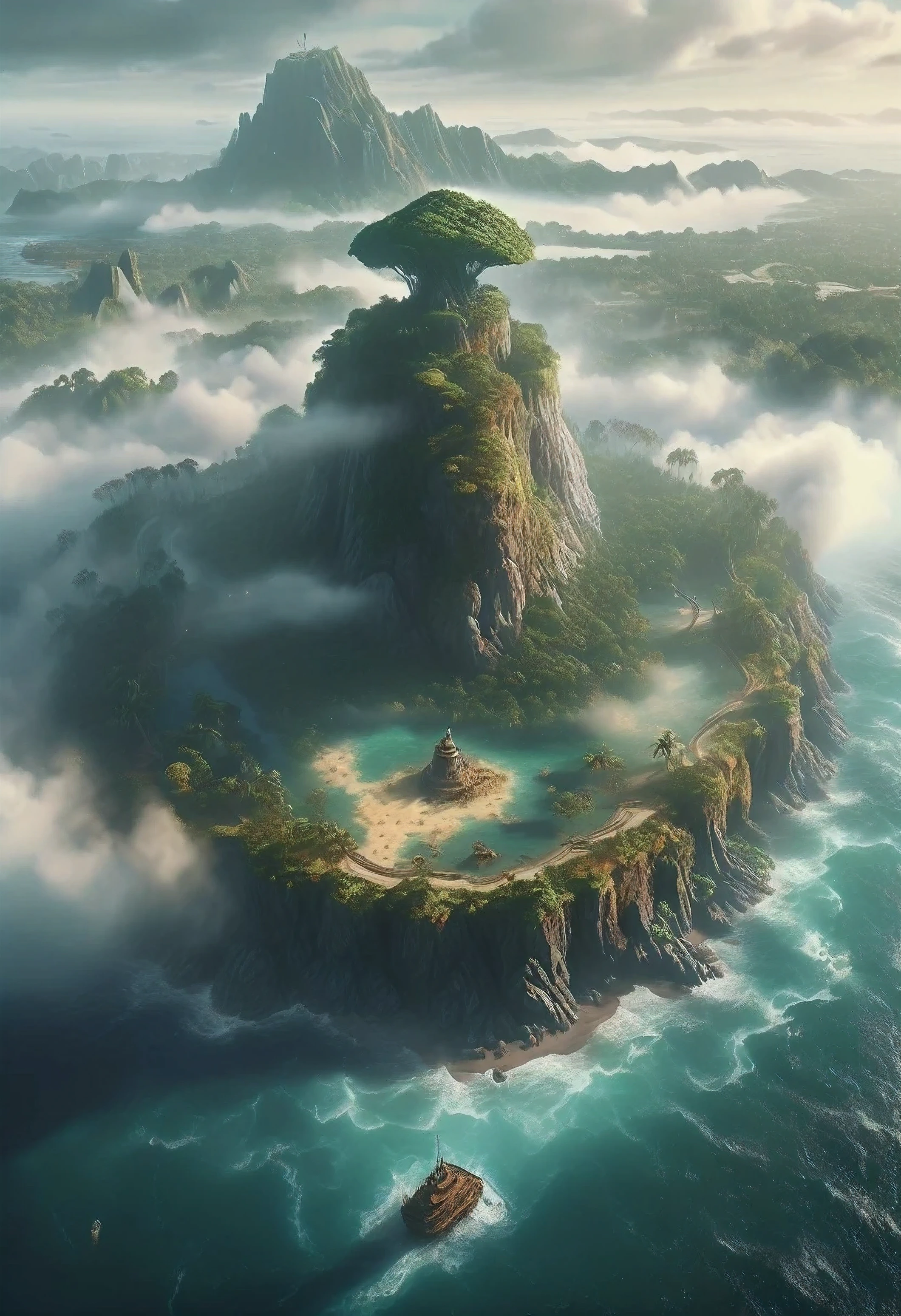 World map with the mysterious island still surrounded by fog, as a symbol of the unfathomable mystery surrounding La Buse's treasure,  Masterpiece, photorealistic, color graded cinematic, 8k.