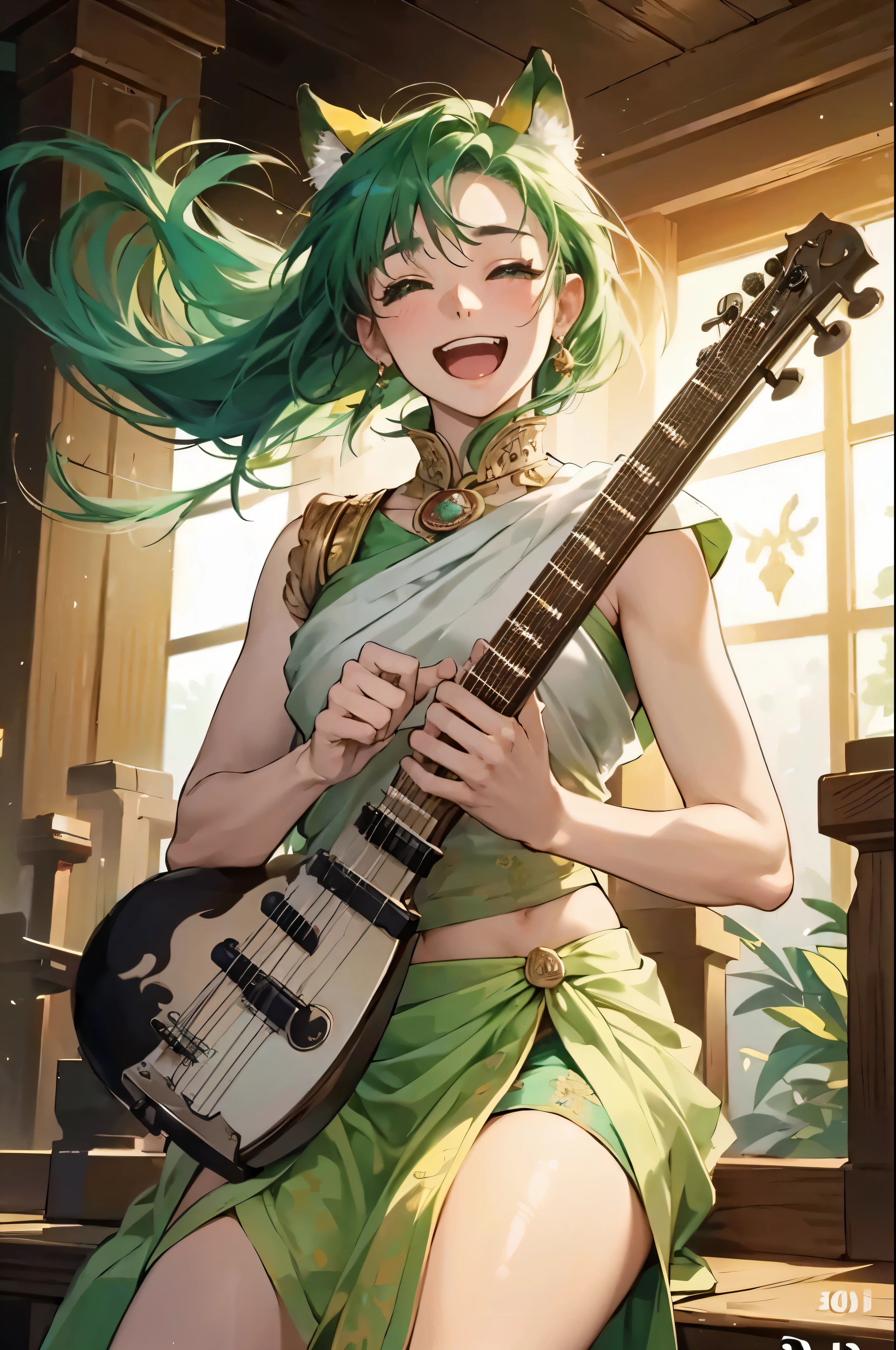 A woman in a green dress holds a fan and a flower, lady palutena, alluring elf princess knight, Onmyoji detailed art, The forest elf bard plays the lute, G Liulian art style, elf queen nissa genesis mage, Kushatt Krenz Key Art Women, Inspired by lotus flowers, Hakuren, Official artwork