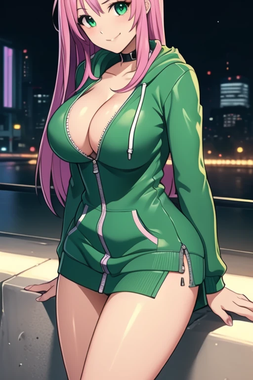 1 girl, 19 years old, Long pink hair, green eyes with slit pupils, master-piece, best quality, (standing up), (green hoodie), (long-sleeved, tight hoodie zipper dress, cleavage), (Big , ultra gigantic , Super super big, Glamorous body), Make eye contact with the camera, front figure, looking forward, (light_Smile:1.5), (Detailed hands and fingers:1.2) (Cyberpunk City), (FULL BODYSHOT), thighs thighs thighs thighs、beauty legs、Bare legs