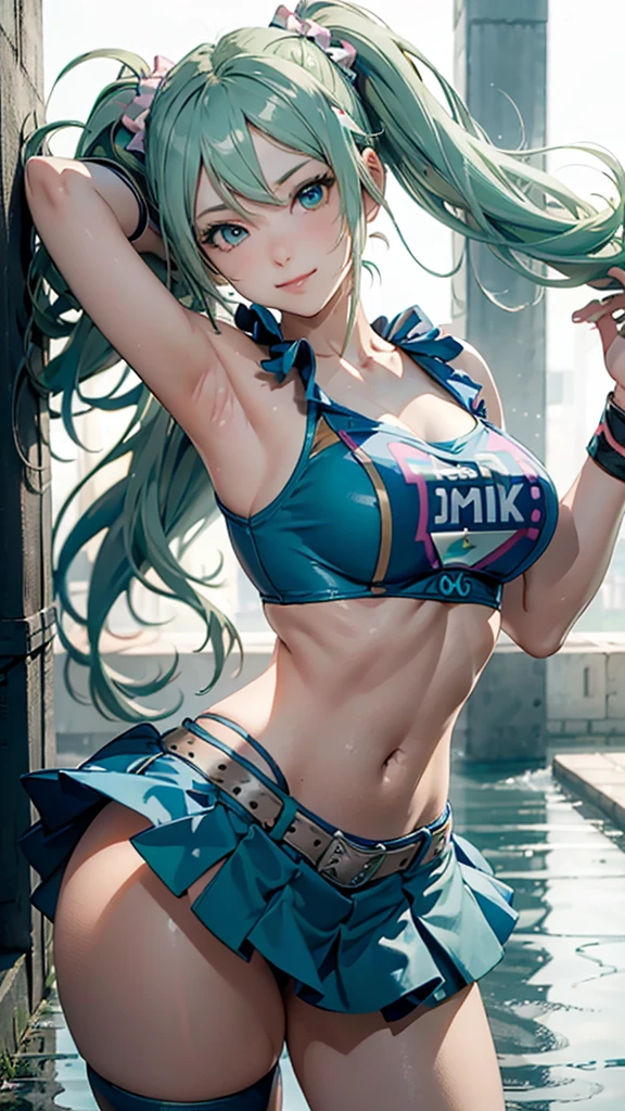 Super detailed, NSFW, masterpiece, High resolution, Photorealistic digital art, perfect lighting, (((1 girl, perfect anatomy))), accurate right hand, accurate left hand, five fingers, perfect style, shy smile, (hatsune miku,) 3d face, big light blue-green eyes, glossy lips, blue-green long hair, shiny skin, smile, (((twin tails))), big square hair accessories, (((Juliet))), Blue cheerleader outfit, Focus on the groin, outdoor,