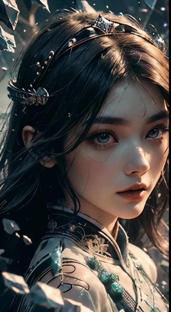 Highest image quality, outstanding details, ultra-high resolution, (realism: 1.4), the best illustration, favor details, highly condensed 1girl, with a delicate and beautiful face, dressed in a black and green Chinese hanfu, wearing qipao, wuxia character, the background is a glittering night city. (ridiculous, high resolution, super detailed), 1woman, female, wavy long hair, russet hair, coral eyes, bangs, long sleeves, delicate eyes and delicate face, extremely detailed CG unity 8k wallpaper, intricate details, (style-swirlmagic:1.0), looking at viewer, solo, upper body, detailed background, close up, detailed face, (gothic dark ages theme:1.1), crystal sorcerer, kung-fu, dynamic pose, earth themed clothes, crystal crown, floating in the air, glowing magic fragments, surrounded by blue magic crystals, rock formations, stalactites, magic floating particles, crystal glass, crystal balls, crystal canyon background, (shallow water: 0.7), epic ethereal atmosphere, updraft, portrait