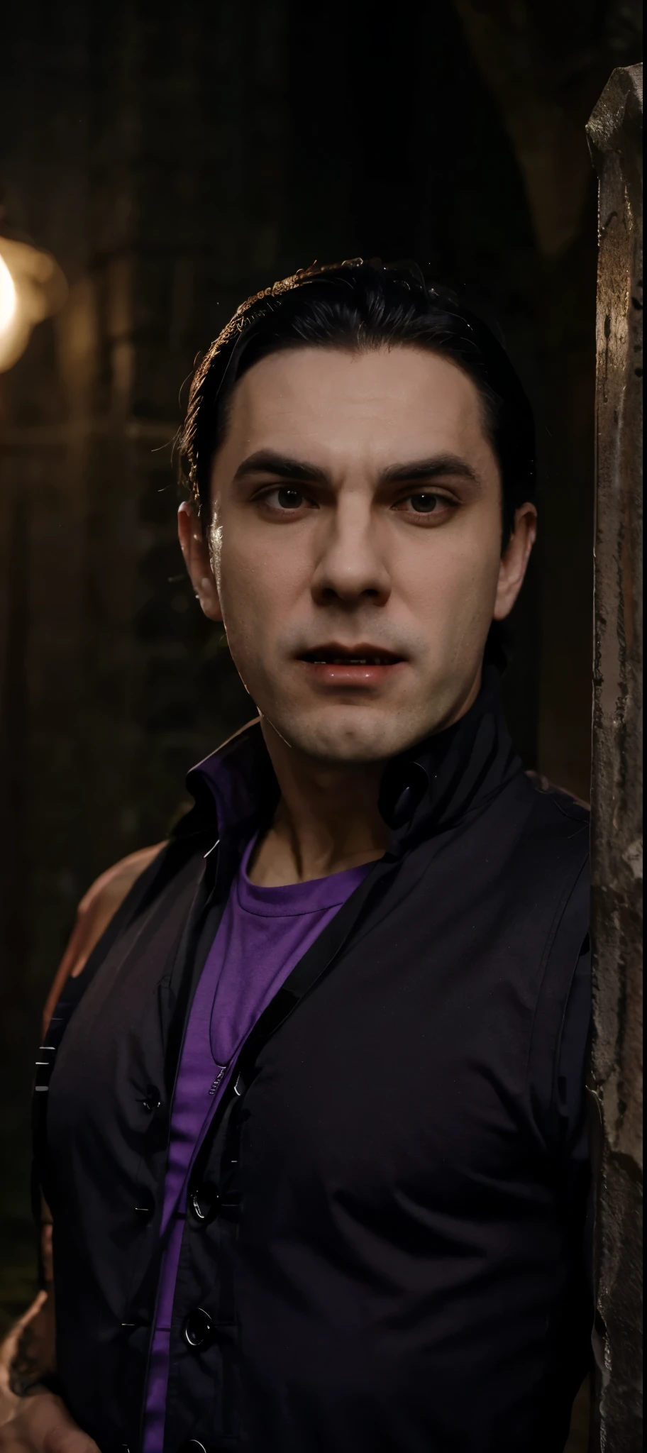 Protrovlad He is a 27 year old man, vampire, straight black hair, pale skin, Sharp vampire fangs in the mouth,wearing a purple shirt with a black vest, dark brown pants with fastenings,Evil facial expression, He is at night in a cemetery Posing for photo