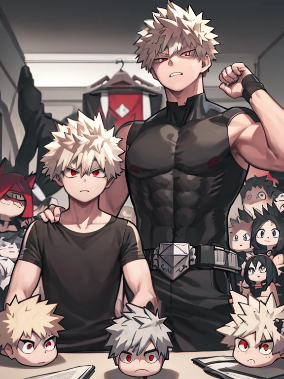 absurdres, Bakugou Katsuki (My Hero Academia) and Izuku Midoriya, bare shoulders, black tank top, green hair, green eyes, eyebrows, freckles, furrowed brow, blurry, blurry background, boku no hero academia, curly hair, highres, looking away, male focus, muscular, muscular male, open mouth, red eyes, short hair, spiked hair, sweat, tank top, twitter username, wiping sweat, (two heads), big breast