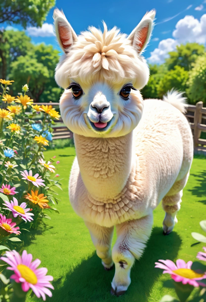 An Alpaca, aesthetic, (best quality,4k,8k,highres,masterpiece:1.2),ultra-detailed,realistic,(photorealistic:1.37),alpaca,cute,playful,expressive,fluffy fur,curious eyes,quirky personality,funny antics,comical poses,joyful atmosphere,vibrant colors,beautifully lit,artistic illustration,whimsical style,lovely garden,scenic background,harmonious composition,natural elements,lush greenery,flowers blooming,colorful butterflies,clear blue sky,sunlit environment,mischievous behavior,exploring surroundings,interacting with objects,random activities,running freely,standing on hind legs,playing with toys,rolling on the grass,eating flowers,making funny faces,enjoying the sunshine,jumping joyfully,raising head and looking around,communicating with other animals,bringing happiness and laughter,spreading positive energy.