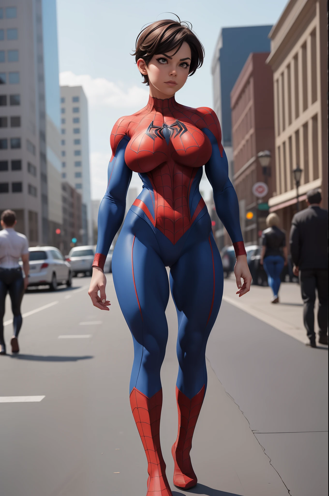 Beautiful woman with short hair detailed defined body using spider man cosplay, ((((Massive Breasts)))), wide hips, muscular glutes, tigh gap, ((((Huge Muscles))))