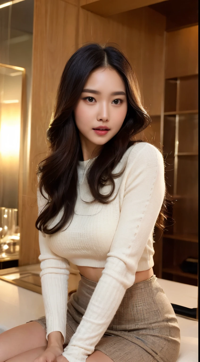 An exquisite portrait captures the essence of a Korean-Danish woman in her early twenties, radiating playfulness and joy with a captivating smile. Her long, luscious brown hair cascades down in waves, framed by a boho-chic outfit that accentuates her athletic and tall figure. With a hint of moisture-wicking allure, she exudes a seductive charm, embodying both the warmth of her Korean heritage and the chicness of her Danish roots. In this hyperrealistic masterpiece, every detail is meticulously rendered, from the realistic skin texture to the intricate play of light on her features. Shot in ultra-high resolution (8K RAW), the image immerses viewers in a cozy atmosphere with warm lighting that enhances her natural beauty. The background features a bustling city center at night, with traffic lights casting a mesmerizing bokeh effect against the rain-soaked streets. Photographed with a Sony a9 II Mirrorless Camera, the image benefits from professional lighting techniques such as backlighting and depth of field, creating a dynamic composition that draws the viewer's gaze. The subject's eyes, detailed and realistic, engage the viewer with a playful gaze, while subtle elements, add a touch of whimsy to the scene. A retro-inspired outfit comprising a tailored pencil skirt paired with a silk blouse and a cropped tweed jacket. Adorned with a pillbox hat and gloves, epitomizing timeless elegance., warm color clothes, stylish. The combination of detailed hair, realistic outfit, and meticulous lighting results in a truly captivating portrait that showcases the beauty and charm of this Korean-Danish woman.