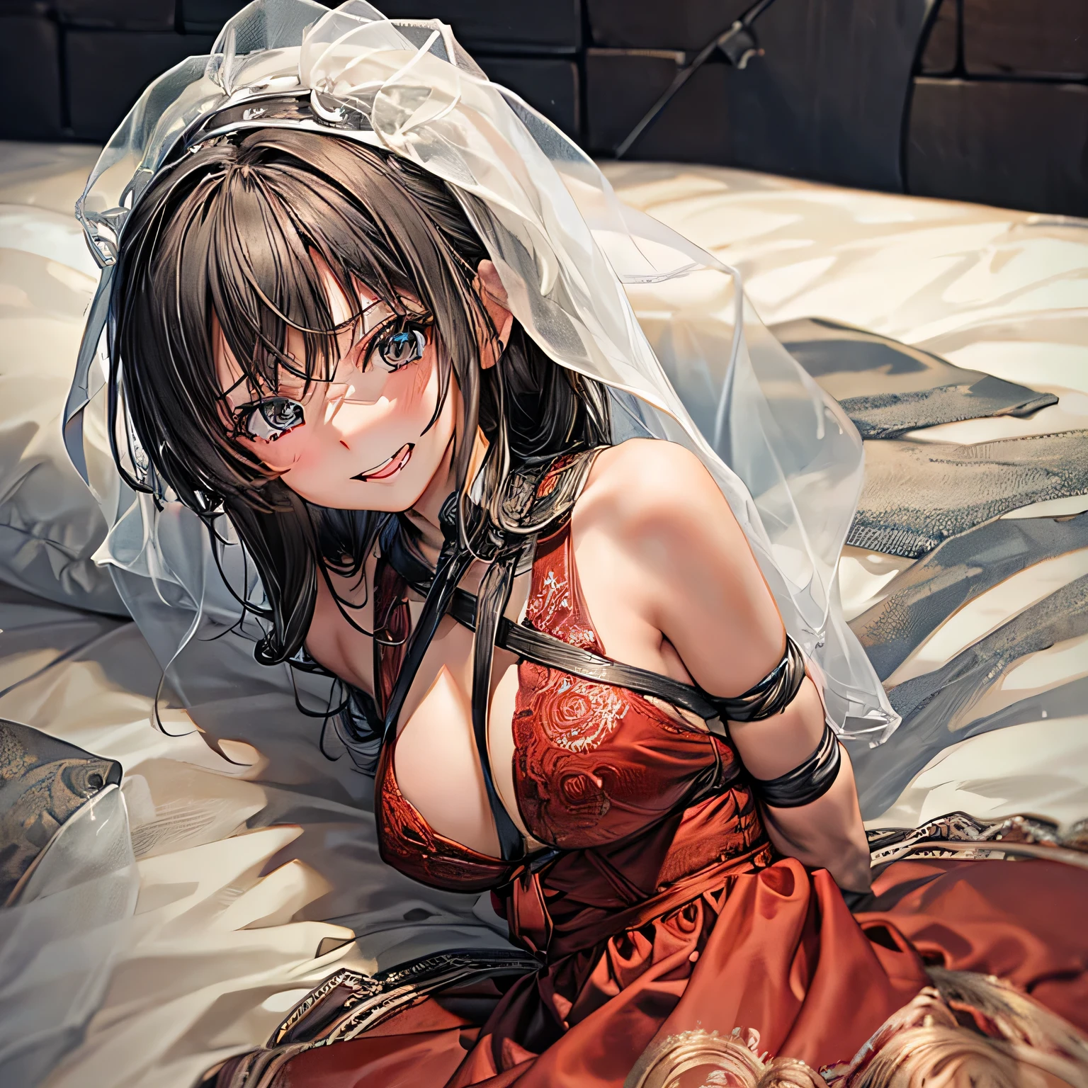 Make a picture where a bride is tied up, a female thief behind her who is tie her with rope, bound,BridesRoleplayCostume,ballgag