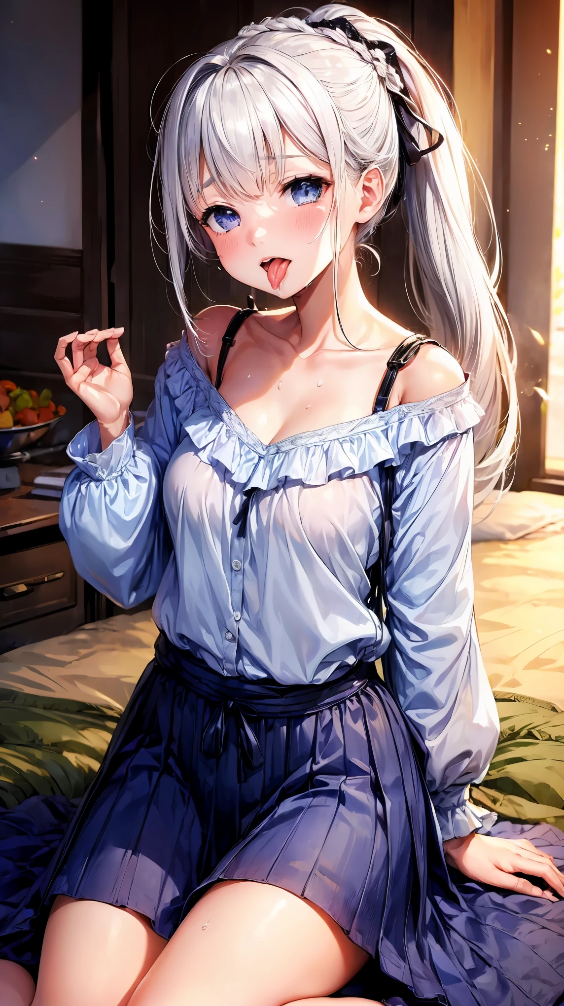 Super detailed(eye:1.7),highest quality、Best image quality、On the bed、Beautiful valley、Disheveled clothes、thin、Humiliated face、Dog Pose、Super detailed、Small breasts、Light Particles 0.5、Moist eyes、Wet body、lick、Open your mouth、Sticking out tongue、dripping cloudy saliva、Small face、Russian peasant clothing、White Hair、Innocent face、Up ponytail