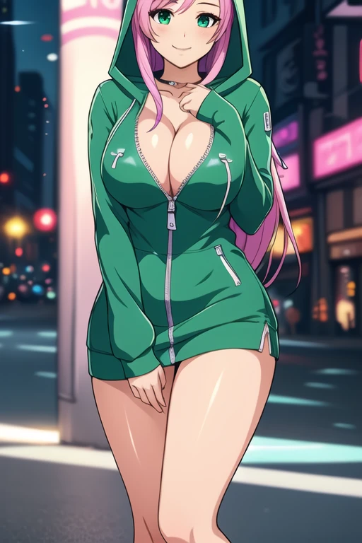 1 girl, 19 years old, Long pink hair, green eyes with slit pupils, master-piece, best quality, (standing up), (green hoodie), (long-sleeved, tight hoodie zipper dress, cleavage), (Big , ultra gigantic , Super super big, Glamorous body), Make eye contact with the camera, front figure, looking forward, (light_Smile:1.5), (Detailed hands and fingers:1.2) (Cyberpunk City), (FULL BODYSHOT), thighs thighs thighs thighs、beauty legs、Bare legs