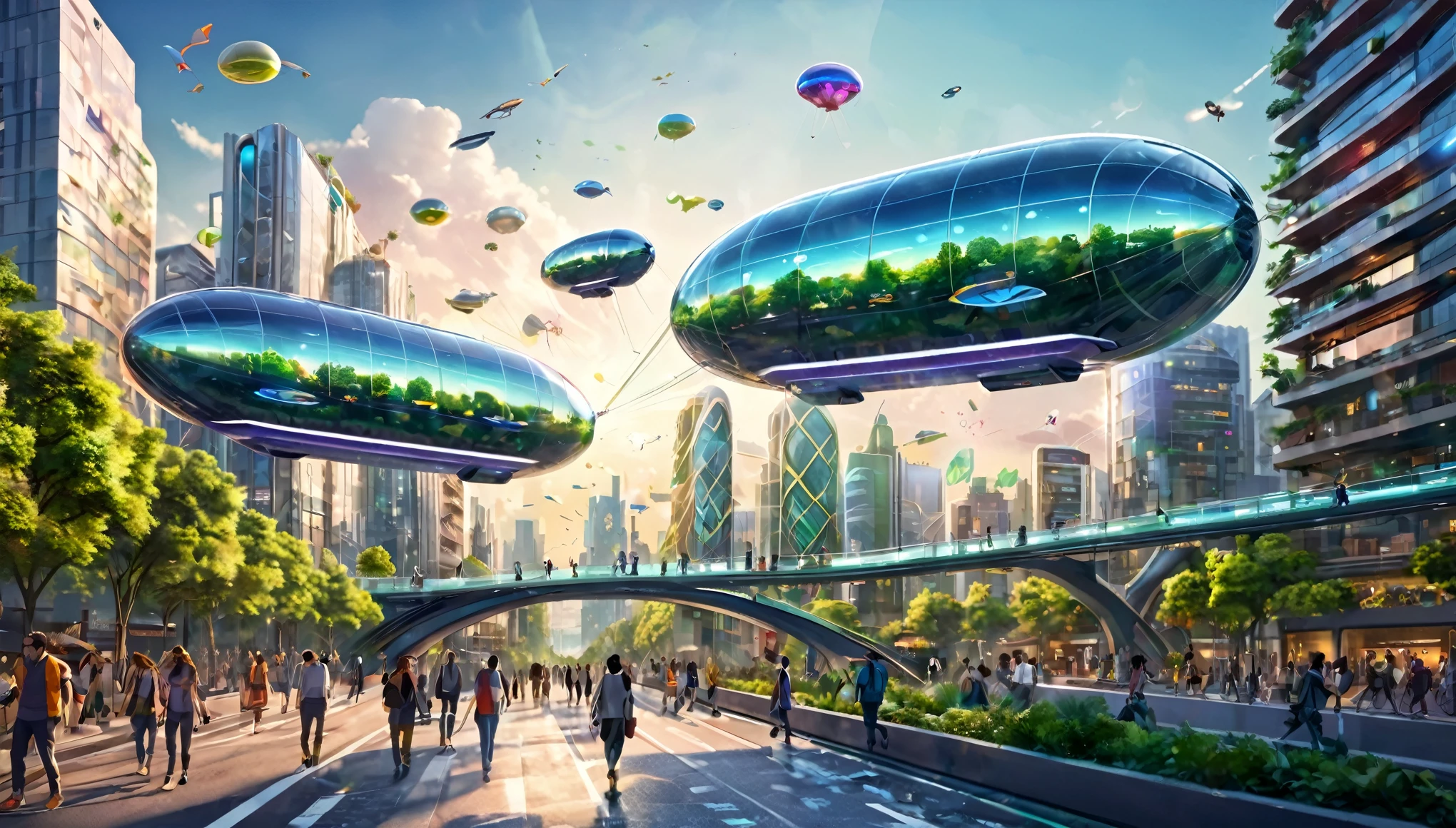 Tech City of the Future,There is a road on the street,The building is surrounded by greenery,Building shapes of various shapes,Buildings of various colors,Many people are walking on the road,Flying cars on the road,People wearing various luminous clothes,Varied,The road is made of glowing glass,Mirror-like reflection,There is a digital glass bridge in the air,The screen mainly shows the crowd,,Technological architecture,sunny, Planting greenery around buildings,There are a dozen blimps in the sky,Exquisite。Colorful and rich colors,lustene reflective
