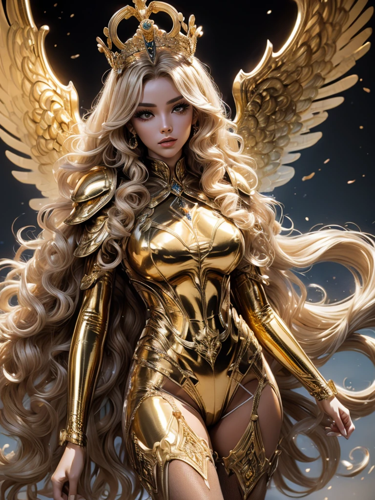 Best quality, 8K,woman vintage super hero, beautiful and detailed face, blonde curly long hair,gold tiara, big eyelashes,big angel´s wings,LOOKING TO observer,bronze metalic armour over bodystocking, SHINY GLOSSY PANTYHOSE,armlets,black belt,over the knee boots,white neutral scenario, dynamic angle