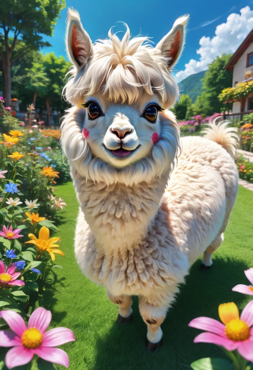 An Alpaca, aesthetic, (best quality,4k,8k,highres,masterpiece:1.2),ultra-detailed,realistic,(photorealistic:1.37),alpaca,cute,playful,expressive,fluffy fur,curious eyes,quirky personality,funny antics,comical poses,joyful atmosphere,vibrant colors,beautifully lit,artistic illustration,whimsical style,lovely garden,scenic background,harmonious composition,natural elements,lush greenery,flowers blooming,colorful butterflies,clear blue sky,sunlit environment,mischievous behavior,exploring surroundings,interacting with objects,random activities,running freely,standing on hind legs,playing with toys,rolling on the grass,eating flowers,making funny faces,enjoying the sunshine,jumping joyfully,raising head and looking around,communicating with other animals,bringing happiness and laughter,spreading positive energy.
