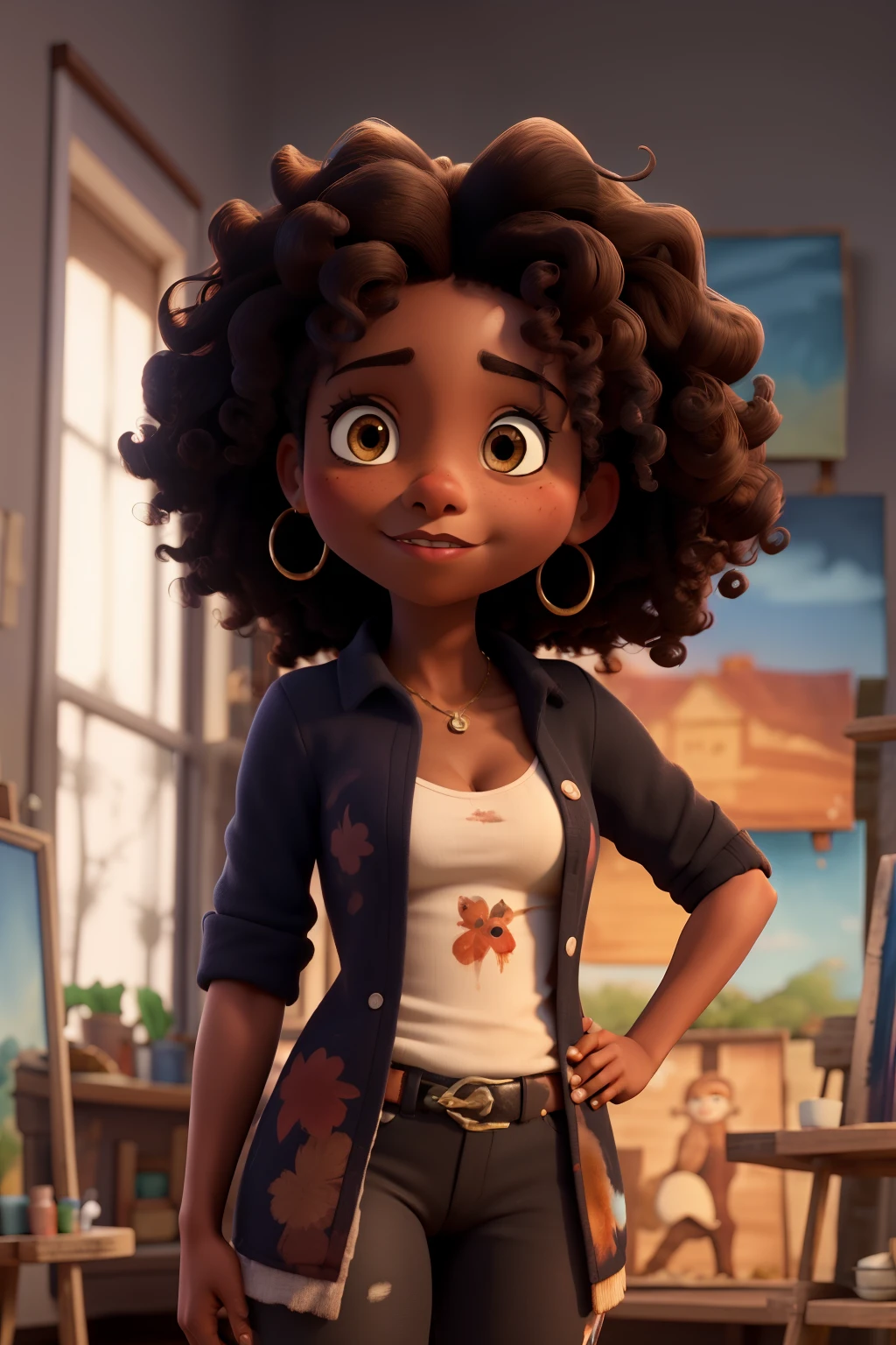 Capa de filme estilo Disney, uma garota negra com olhos castanhos, dark skin and curly hair who works painting pictures and an art studio in the background