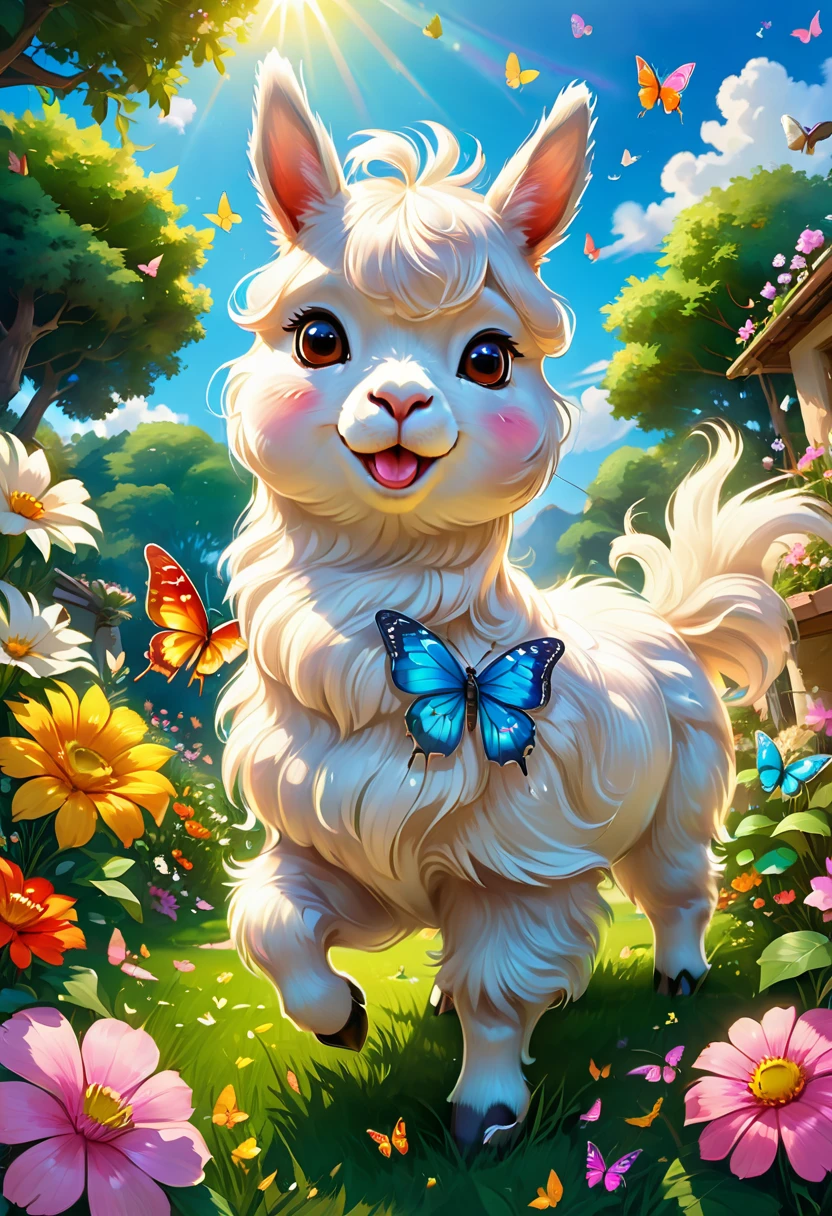 An Alpaca, aesthetic, (best quality,4k,8k,highres,masterpiece:1.2),ultra-detailed,realistic,(photorealistic:1.37),alpaca,cute,playful,expressive,fluffy fur,curious eyes,quirky personality,funny antics,comical poses,joyful atmosphere,vibrant colors,beautifully lit,artistic illustration,whimsical style,lovely garden,scenic background,harmonious composition,natural elements,lush greenery,flowers blooming,colorful butterflies,clear blue sky,sunlit environment,mischievous behavior,exploring surroundings,interacting with objects,random activities,running freely,standing on hind legs,playing with toys,rolling on the grass,eating flowers,making funny faces,enjoying the sunshine,jumping joyfully,raising head and looking around,communicating with other animals,bringing happiness and laughter,spreading positive energy.