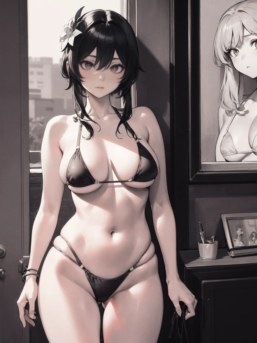 Luz |impacto genshin, obra maestra, mejor calidad, 1 chicas,25 years, proporcional body, Piernas alargadas, hermoso, proporcional., top corto, Vaqueros largos, pechos medianos, ,bara, top corto, gargantilla, (Pintada:1.5), Splashes with purple lightning pattern., arm behind the back, contra la pared, Ver a los espectadores desde el frente., correa del muslo, nod, aburrido, (NSTDA.:1.2), (10, mejor calidad, obra maestra: 1.4), hermoso red hair, ultra high resolution, (natural, retrato fotorrealista: 1.48), 20 years, pretty girl, (See through the microcolored bikini beetle:1.48), Actores japoneses famosos, hermosos ojos claros, nod, tiro de vaquero, desde el lado, mirando a la audiencia, inexpresivo, hermoso lake, Zeiss 150mm F/ 2.8Hasselblad, Todo el cuerpo, pie, Ultra gran angular,