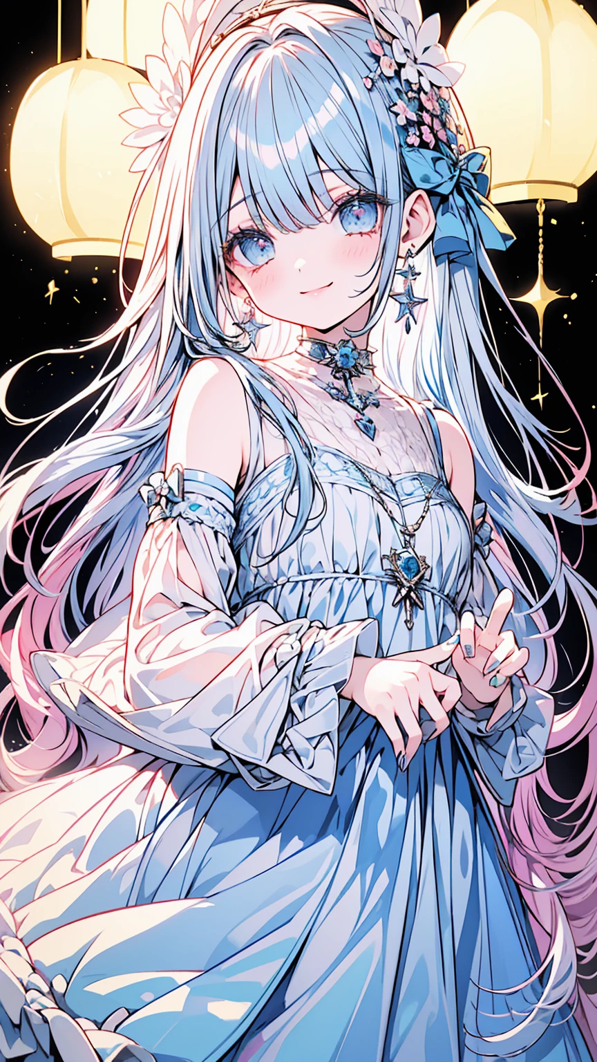 masterpiece, best quality, extremely detailed, (illustration, official art:1.1), 1 girl ,(((( light blue long hair)))), light blue hair, ,10 years old, long hair ((blush)) , cute face, big eyes, masterpiece, best quality,(((((a very delicate and beautiful girl))))),Amazing,beautiful detailed eyes,blunt bangs((((little delicate girl)))),tareme(true beautiful:1.2), sense of depth,dynamic angle,,,, affectionate smile, (true beautiful:1.2),,(tiny 1girl model:1.2),)(flat chest)),, face,absurdres, highres, ultra detailedBREAK(one girl:1.5), (make-up, blue eyeliner, red lipswax:1.2), vivid, sparkling pupils, (close-up), beautiful dress, standingBREAK(kaleidoscope:1.1), azulejo patterns, Portuguese tiles, ceramic designs, decorative art, colorful motifs,BREAKtrendy styles, haute couture, fashion shows, clothing design, personal expression, evolving trends, creative outfits ,