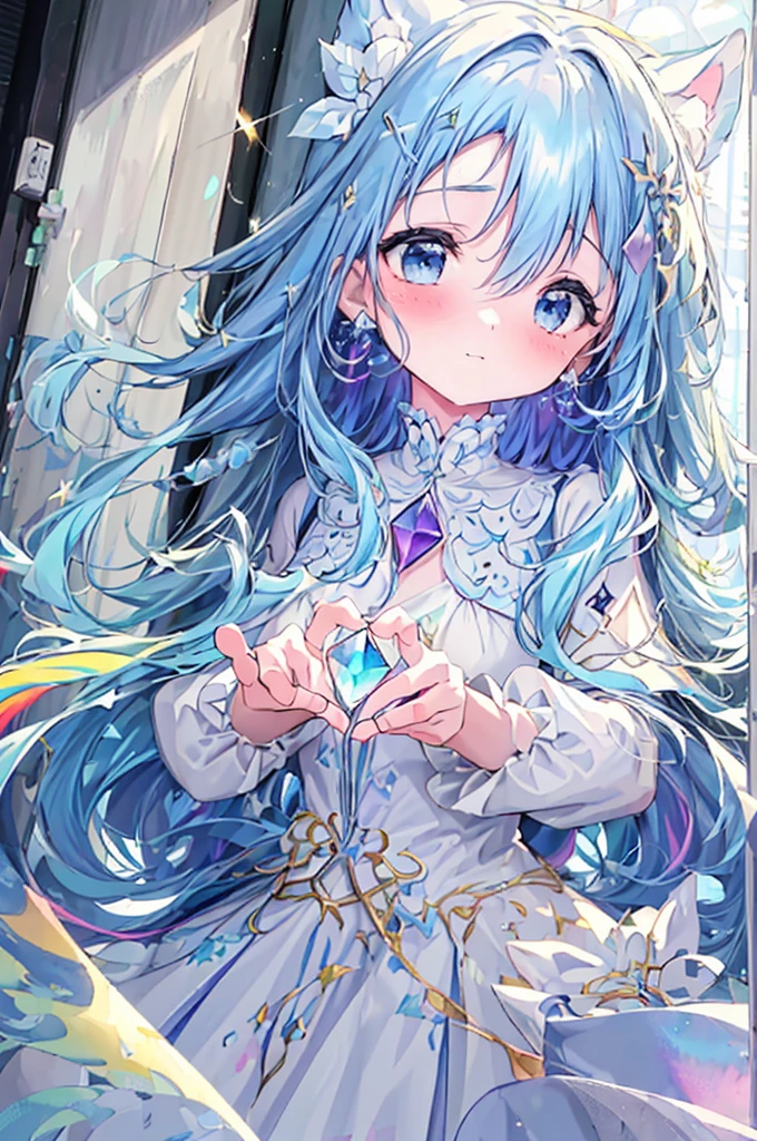 girl and black cat,dream pretty,(heart hands),close up on fingers,((dream pretty colorful gemstone rings)),candy dress,candy ring,wearing a ring on one、masterpiece, best quality, extremely detailed, (illustration, official art:1.1), 1 girl ,(((( light blue long hair)))), light blue hair, ,10 years old, long hair ((blush)) , cute face, big eyes, masterpiece, best quality,(((((a very delicate and beautiful girl))))),Amazing,beautiful detailed eyes,blunt bangs((((little delicate girl)))),tareme(true beautiful:1.2), sense of depth,dynamic angle,affectionate smile, (true beautiful:1.2),,(tiny 1girl model:1.2),, Soft Focus , (Bright gradient watercolor :1.5, Lens Flare:1.5 , Glitter :1.5), Glow , Dreamy Grid illusion, Colorful, girl、((extremely detailed eye:1.5)),ace Zoom:1.5,,(((masterpiece、top-quality、top-quality、watercolor paiting)))(Curly)、Official art、Beautifully Aesthetic:1.2)、,colourfull、((Ultra-detailed retina:1.5))、(Midriff)、((Super Detail Eyes:1.5))、(rainbow-colored hair、colourful hair、Half blue and half light blue hair:1.5)、((the Extremely Detailed CG Unity 8K Wallpapers、masterpiece、top-quality))、【emblem:Irridescent color 】,
