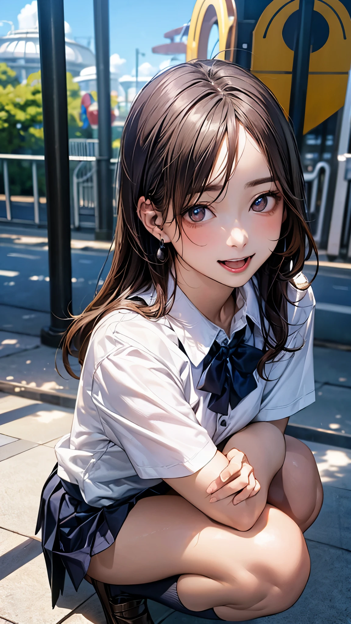 (masterpiece:1.2, top-quality), (realistic, photorealistic:1.4), beautiful illustration, (natural side lighting, movie lighting), nsfw,
beautiful detailed hair, beautiful detailed face, beautiful detailed eyes, beautiful clavicle, beautiful body, beautiful chest, beautiful thigh, beautiful legs, beautiful hands,
looking at viewer, 1 girl, japanese, high school girl, perfect face, cute and symmetrical face, shiny skin,
(long hair, straight hair, brown hair), forehead, gray eyes, slant eyes, big eyes, long eye lasher, (medium breasts), (small ass, thin thighs), slender, outstanding style,
(detailed cloth texture, short sleeve white collared shirt, navy school vest, navy pleated skirt, navy bow tie), earrings, necklace,
(beautiful scenery), amusement park, go-round, ferris wheel, (squatting, crouching, hands on chest, skirt hold), (seductive smile, upper eyes, open mouth small),