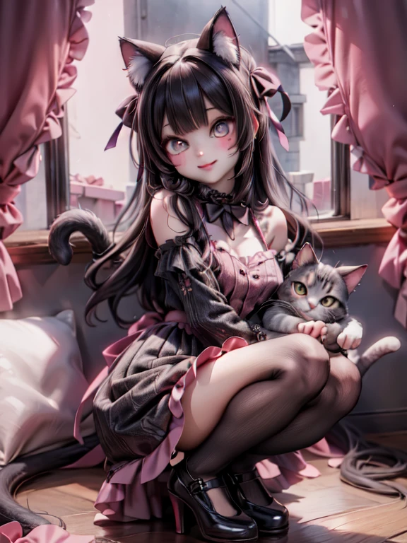 a cat girl smiling, Lolita art style, kawaii, pumps