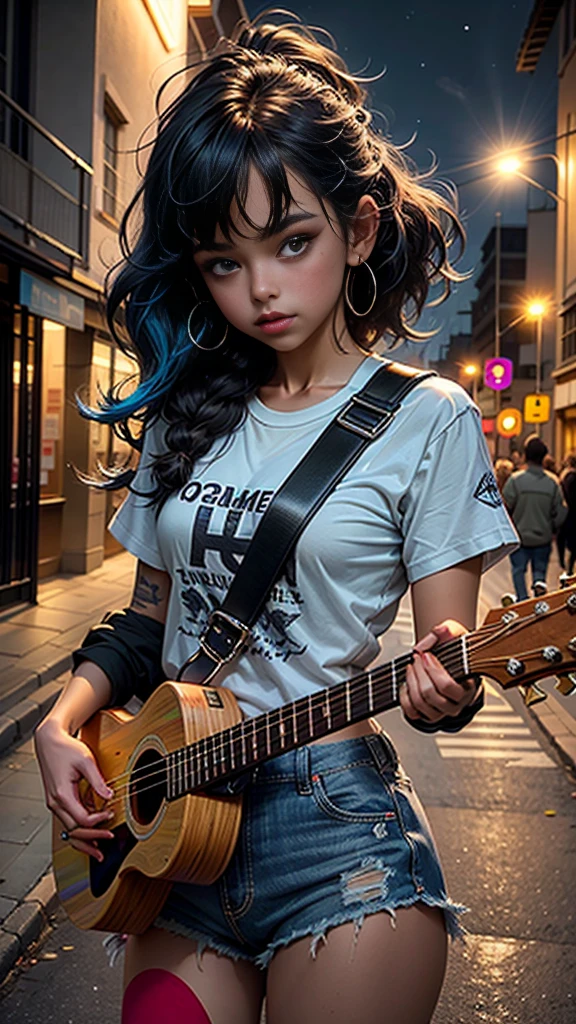Iperrealistic teenager , hermosa. Cuerpo completo, small breasts, cadera mediana. Cabello largo, cabello negro, cabello peinado dos coletas. Ojos hermosos, labios rojos, maquillaje espectacular. Vistiendo playera corta, playera negra, falda corta de color azul, mezclilla. Parada de frente, tocando un ukulele. (( parada arriba de enecario )), ((Concierto nocturno)), ((luces de colores)), ((perfecta iluminacion)). Mejor calidad, detalles ultra finos.