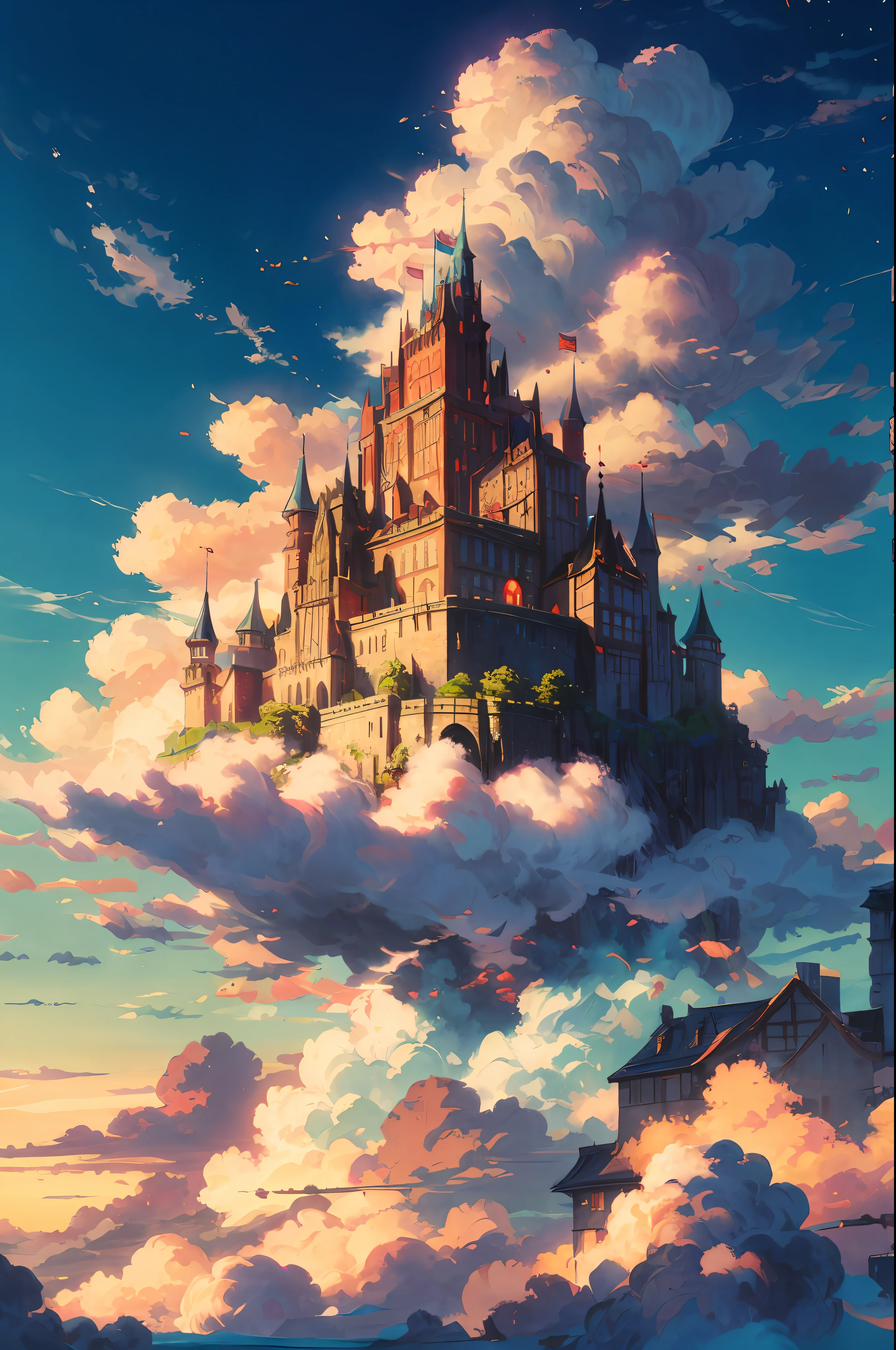 "A majestic castle floating on a sky island, reminiscent of a fortress, suspended above fluffy clouds, basking in the warm glow of the sun, radiating vibrant colors. Masterpiece."
