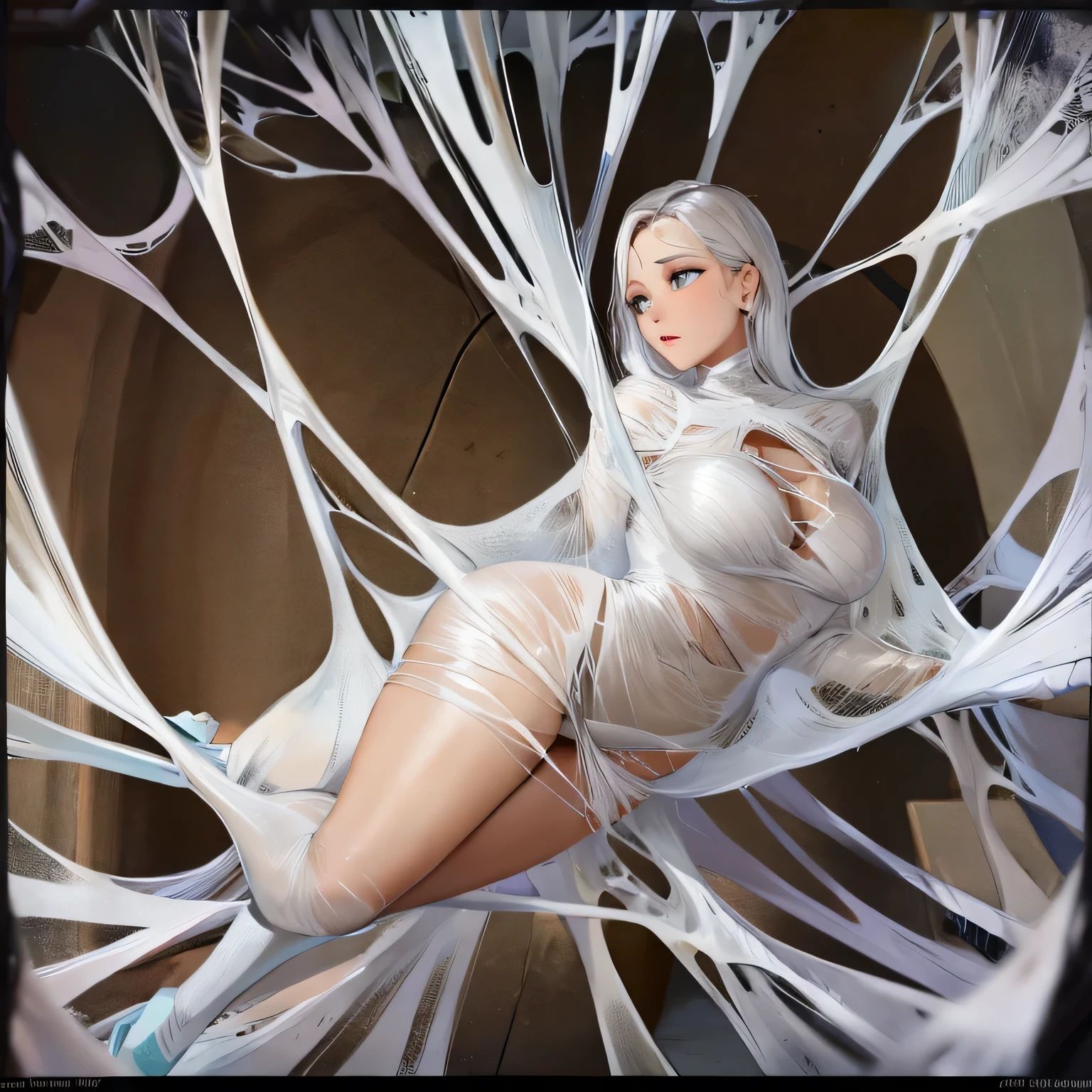 a woman trapped in the spider web, spider web, cocoon, gr3ysh33r,