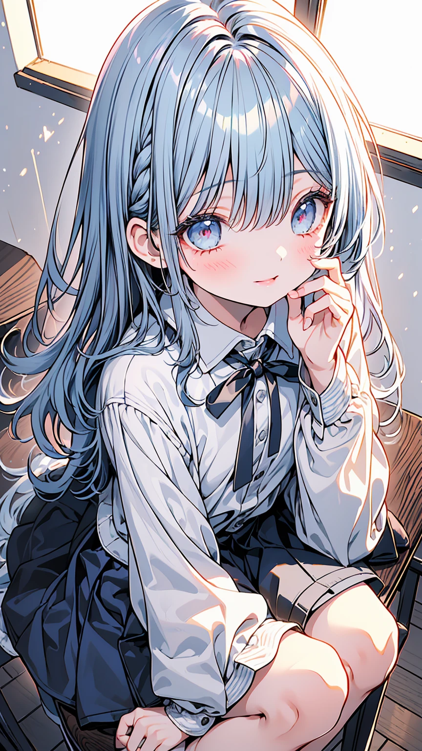 masterpiece, best quality, extremely detailed, (illustration, official art:1.1), 1 girl ,(((( light blue long hair)))), light blue hair, ,10 years old, long hair ((blush)) , cute face, big eyes, masterpiece, best quality,(((((a very delicate and beautiful girl))))),Amazing,beautiful detailed eyes,blunt bangs((((little delicate girl)))),tareme(true beautiful:1.2), sense of depth,dynamic angle,,,, affectionate smile, (true beautiful:1.2),,(tiny 1girl model:1.2),)(flat chest)),,absurdres, High Detail, Ultra Detail, 8K, Ultra High Resolution A cute and innocent girl, , toddler, adding to the playful atmosphere,  、from side,Wide Angle, From above, crass room,,

seductive anime girl, [ 4 k digital art ]!!,ultra realistic picture, overdetailed art, 8k high quality detailed art,(tareme,thick lips:1.2),dress shirt,cardigan,,sidetail,pleated skirt,brown loafers,brown short hair,(dark skik:1.3),loose socks,close up,squatting on desk,in classroom,(blushed),   Sweaty shirt,Thigh sweat,half squatting,