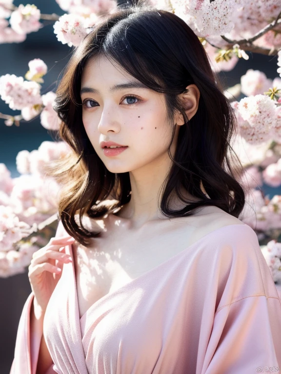 A Japanese woman in a gorgeous pink dress and black coat, Realistic, highest quality, masterpiece, Detailed background on Japan, 20-year-old, Black Hair, Detailed Hair, Detailed skin, Hair, blue eyes, Wavy Hair, Curly Hair, Mole under the eye, Medium chest, spring, cherry blossoms