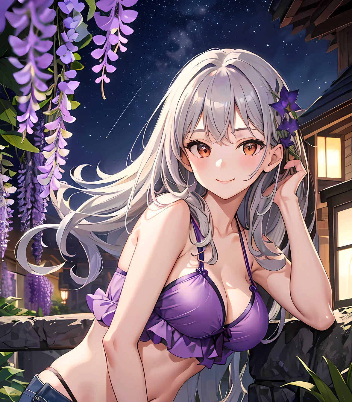 masterpiece, best quality, high detail, 1 girl, gray hair, orange eyes, purple bikini top, shorts, outdoors, (night:1.3), stars, purple wisteria, walkway, trees, smile, upper body