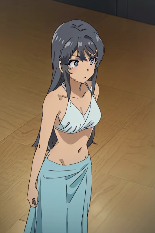 A tan-skinned anime girl lies on the ground, her ribs protruding from her emaciated body. She wears a triangle bikini top that covers her busts and long skirt, her hunger evident in the sweat beads that cover her skin. Rendered in a gritty, anime style.