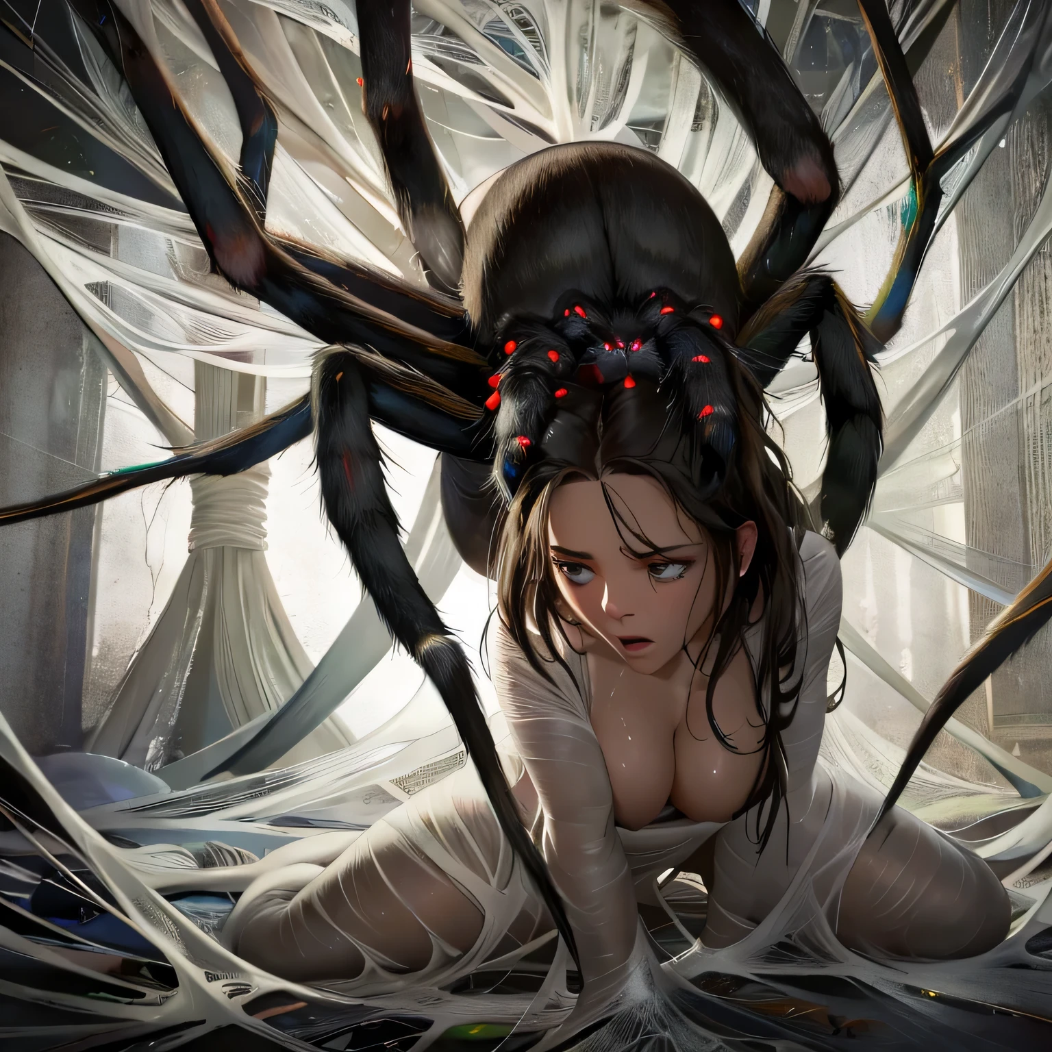 (best quality,4k,8k,highres,masterpiece:1.2),ultra-detailed,(realistic,photorealistic,photo-realistic:1.37),spider web,woman trapped in the spider web,woman struggling in the spider web,spider web covering woman's body,the intricate details of the spider web,the tension between the woman and the spider web,delicate spider silk,captivating composition,nightmarish atmosphere,dramatic lighting,haunting shadows,thick threads of the spider web,woman desperately trying to escape,entangled limbs,expressive facial expression,web-like cracks on the woman's skin,emerging from the darkness,struggle for freedom,symbol of entrapment and vulnerability,subtle glistening of the spider web threads,ominous presence of the spider lurking nearby,desperate screams echoing in the dimly lit space,ethereal and haunting artwork,graceful yet eerie,contrasting colors of the woman's skin and the spider web,meticulous attention to detail,subtle hints of fear and desperation in the woman's eyes,tightly woven pattern of the spider web capturing the woman,emotional depth and intensity,spider web cocoon wrapping around the woman,creating a sense of claustrophobia,body language conveying desperation and helplessness,strive for realism and emotional impact,emphasis on the fragility of human existence,spider web as a metaphor for life's complexities and challenges.