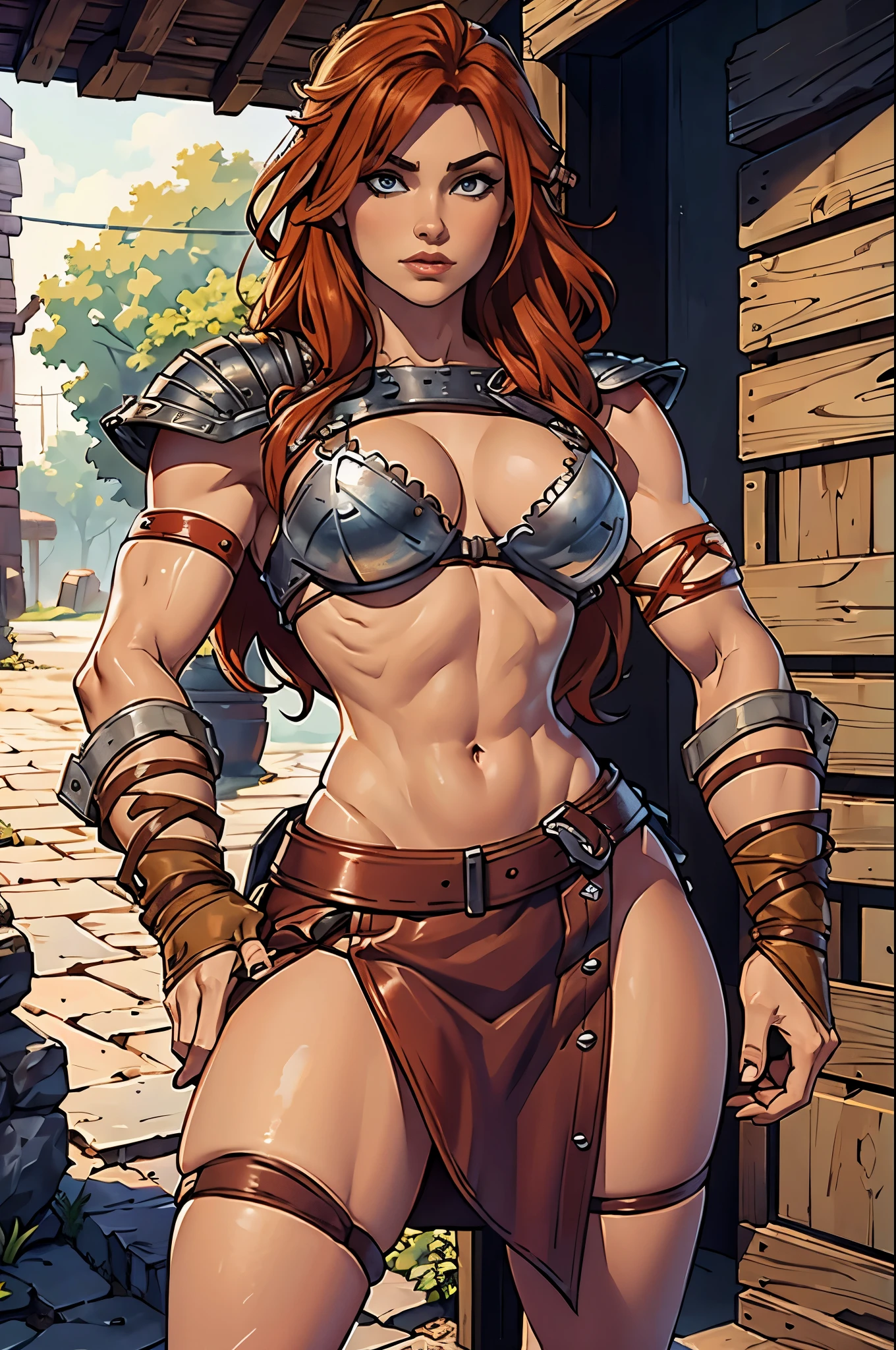 ((8k, masterpiece, very detailed)) Female barbarian elf, red hair, leather skirt ((armor:1.2))