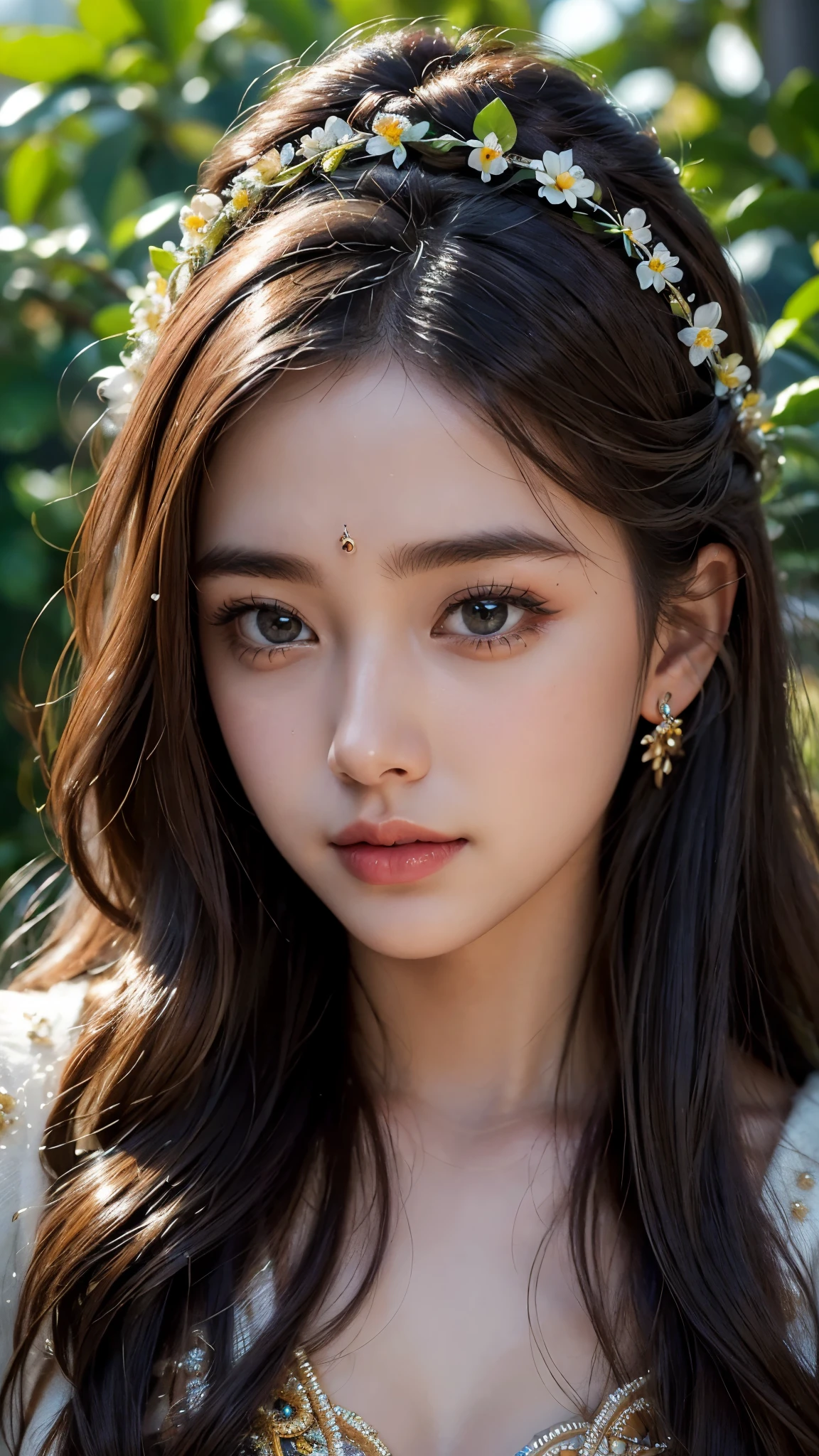 (best quality,ultra-detailed,realistic:1.37),beautiful detailed eyes,beautiful detailed lips,extremely detailed eyes and face,longeyelashes,1girl,portrait,natural light,colorful,traditional indian attire,ornate jewelry,loose wavy hair,flower crown,magnificent garden background,lush greenery,vibrant flowers,celestial sky,rich culture and heritage full body