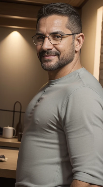adult male, 35 years old, dark brown eyes, with glasses, thin, no muscles,White shirt, Chako Lulu stares in front of the camera, smile、Massiroi realistic photo
