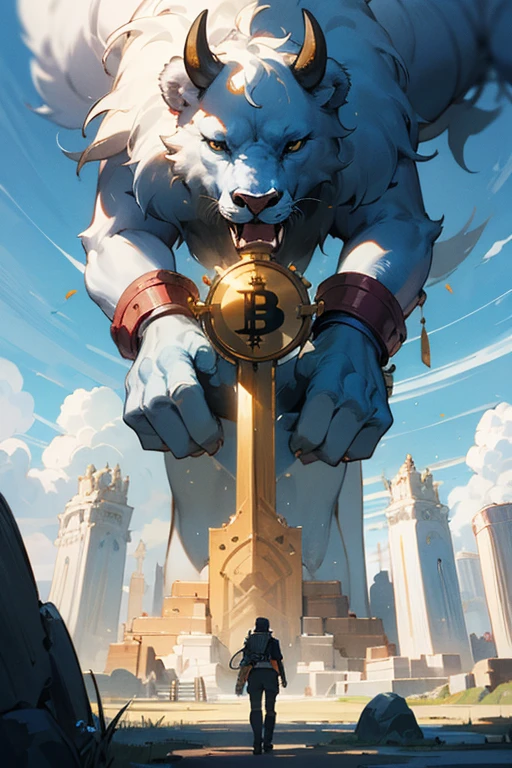I want to create a fantasy image of the intersection of Travers City. Imagine that in the middle of this image, there is a large buffalo statue with a necklace adorned with the symbol of Bitcoin around its neck. This image can be a fusion of fantasy and technology, symbolizing the connection between the digital and imaginary worlds. Please create a suitable and captivating image based on this description