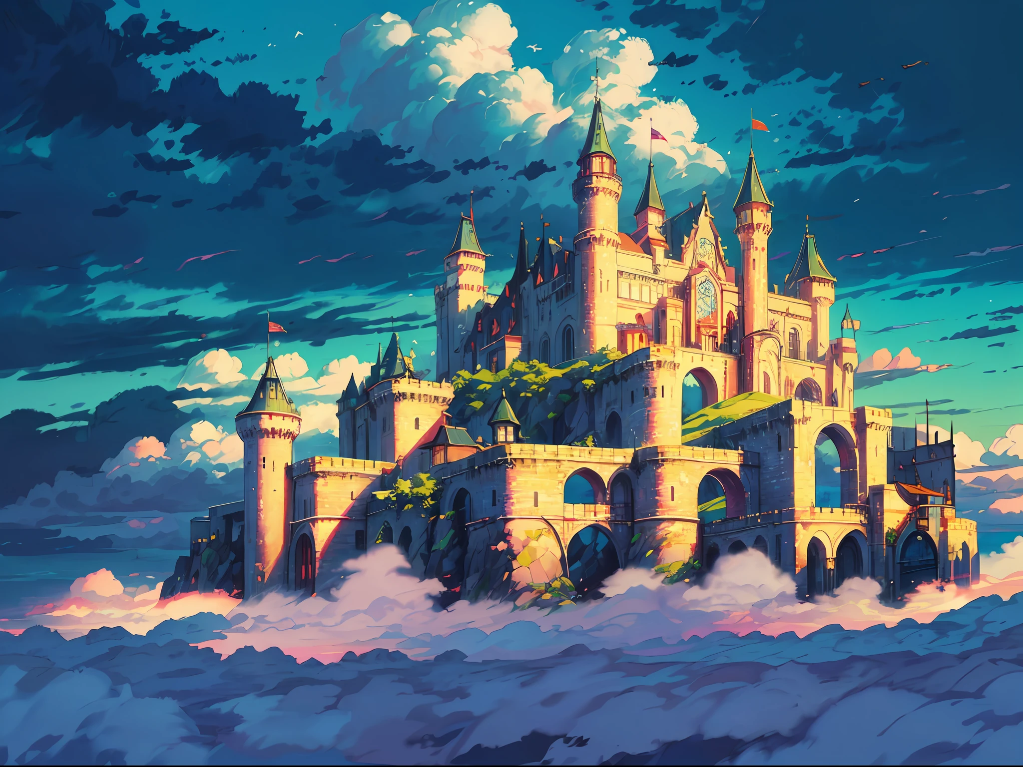 "A majestic castle floating on a sky island, reminiscent of an England-style fortress, flying suspended above fluffy clouds, basking in the warm glow of the sun, radiating vibrant colors. Masterpiece."