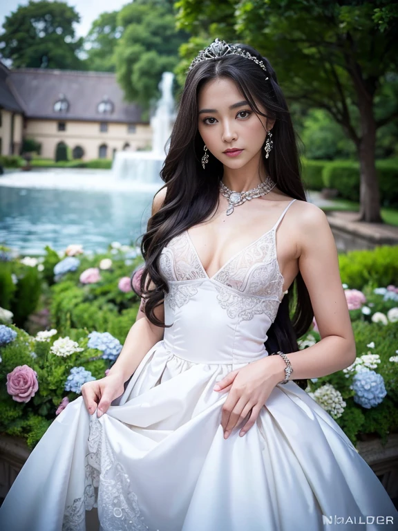 long-haired woman, black eye, royalty, white see-through dress, jewelry, earrings, , Noble, lady, high quality, very detailed, detailed face, masterpiece, city, garden, flowers, light,(((small breasts:1.1)))