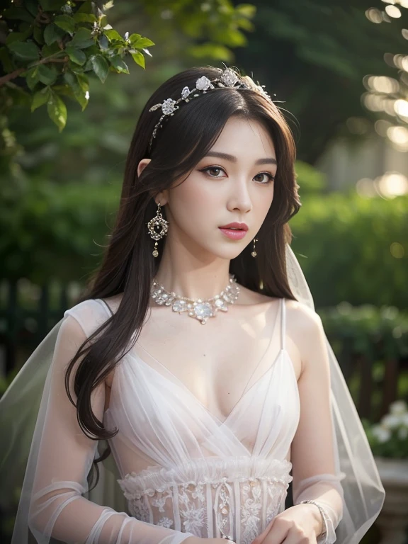 long-haired woman, black eye, royalty, white see-through dress, jewelry, earrings, , Noble, lady, high quality, very detailed, detailed face, masterpiece, city, garden, flowers, light,(((small breasts:1.1)))