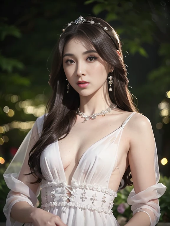 long-haired woman, black eye, royalty, white see-through dress, jewelry, earrings, , Noble, lady, high quality, very detailed, detailed face, masterpiece, city, garden, flowers, light,(((small breasts:1.1)))