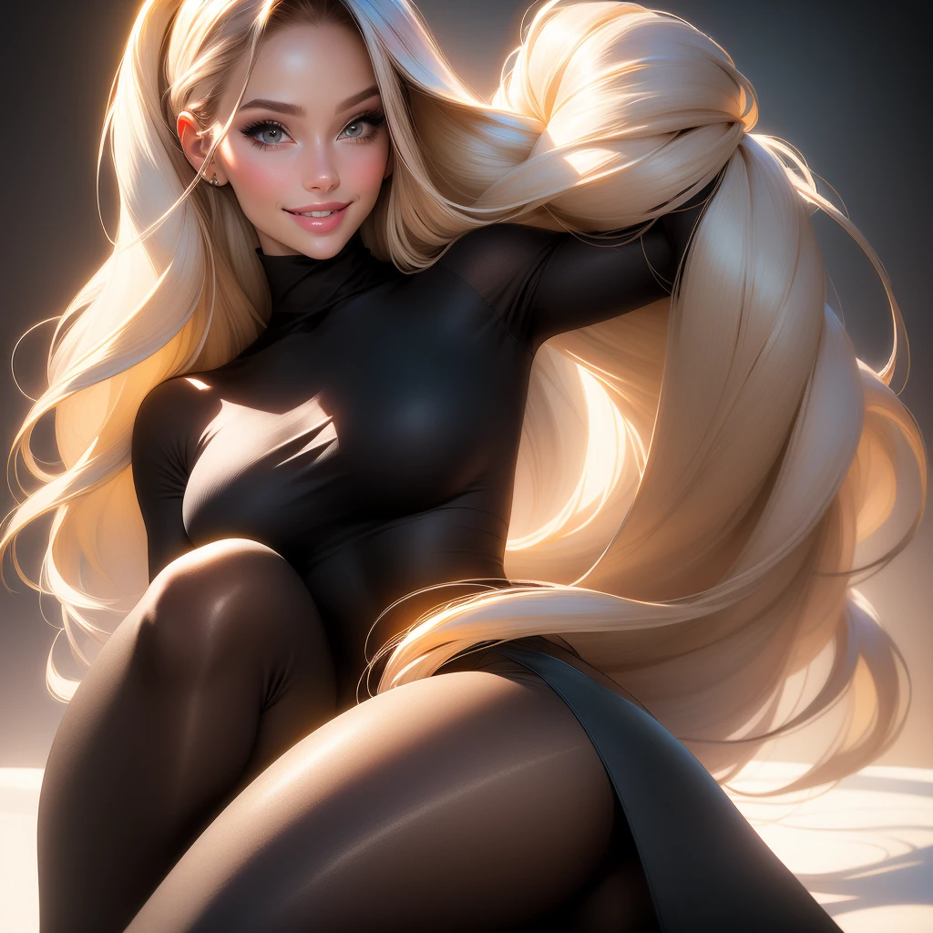 (realistic,photorealistic:1.37),woman,turtleneck sweater wearing,pantyhose wearing,sexy pose,smiling face,detailed eyes,detailed lips,fashionable look,long hair flowing in the wind,contemporary background,studio lighting,vivid colors